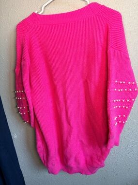 Hot Pink Pearl Sleeve Cardigan XL Chunky Knit Open Front Cozy Sweater